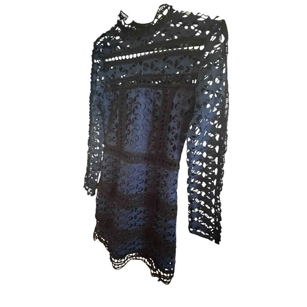 Ivivi Navy Blue Black Star Crochet Mini Dress Sz Medium Tiered Ruffles High Neck